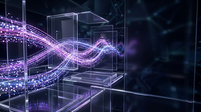 Abstract digital data flow and network connections with glowing particles and glass structures