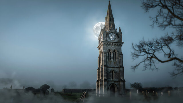 Gothic stone clock tower in a foggy graveyard under a full moon at night with a dark and mysterious atmosphere and bare tree branches