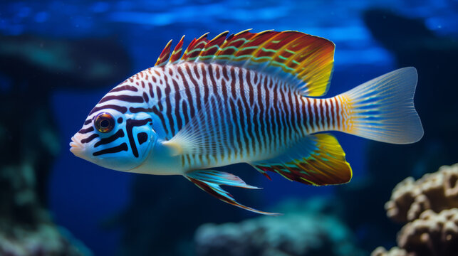 Colorful Striped Tropical Reef Fish Underwater