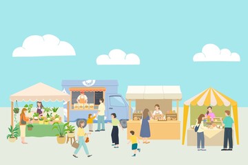 Fototapeta premium Outdoor Flea Market with Plant Stall, Bakery Food Truck, Handmade Soap Booth and Shoppers, Spring Summer Illustration