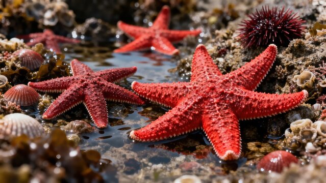 Red starfish resting on a rocky tide pool with shells and sea urchins