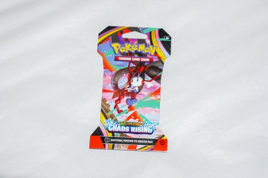 Studio shot of an official Pok&eacute;mon Trading Card Game sleeved booster pack from the Mega Evolution Chaos Rising expansion against a white background in Selangor, Malaysia on August 5, 2026.