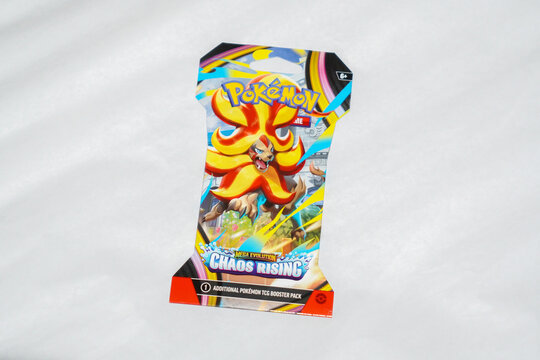 Studio shot of an official Pok&eacute;mon Trading Card Game sleeved booster pack from the Mega Evolution Chaos Rising expansion against a white background in Selangor, Malaysia on August 5, 2026.