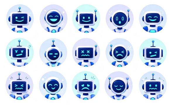 Cute AI Robot Avatar Emoji Icon Set, Chatbot Character Faces Collection, Artificial Intelligence Assistant, Friendly Bot Expressions, Flat Vector Illustration Isolated on White