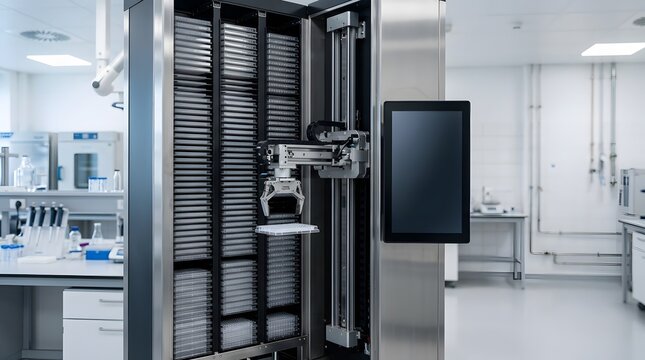automated laboratory microplate storage tower with robotic retrieval system enabling secure high capacity sample management for biotechnology research