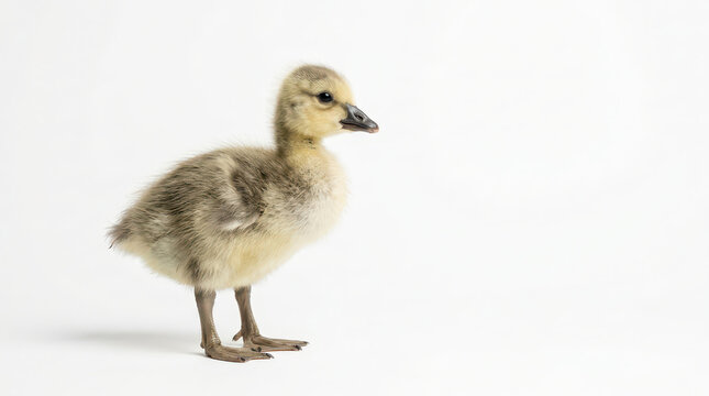Cute fluffy baby gosling isolated on white background