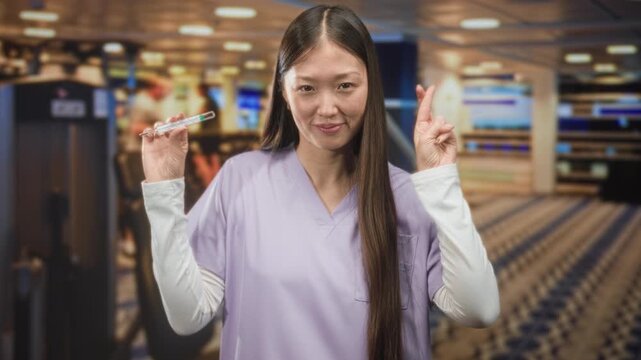Woman in lavender scrubs holding a rapid test cassette and making a fingers crossed gesture in an airport; hopeful recovery.