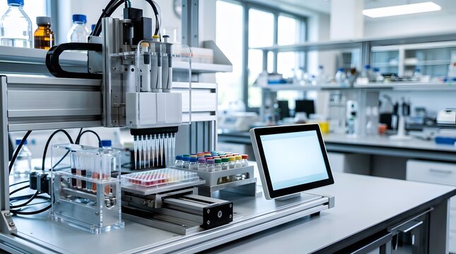 closeup of automatic laboratory sample aliquoting workstation with precision dispensing system for biomedical research diagnostics and laboratory automation workflow