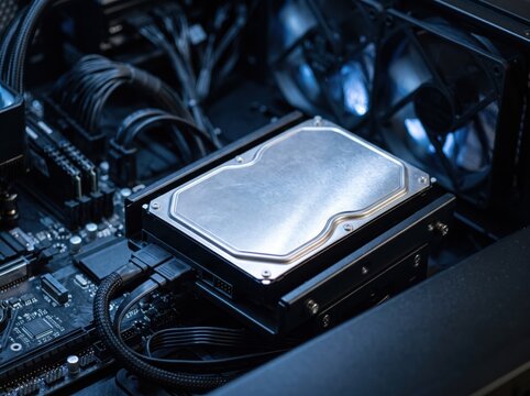 Hard Drive in Computer Tower: A close-up view of a hard drive installed within the internal components of a computer tower.