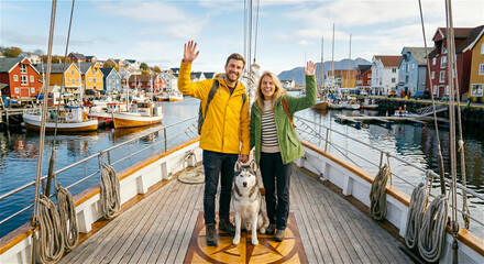 Fototapeta premium Happy couple with dog standing on boat deck in colorful harbor, waving and enjoying travel adventure, scenic waterfront lifestyle, tourism and exploration moment