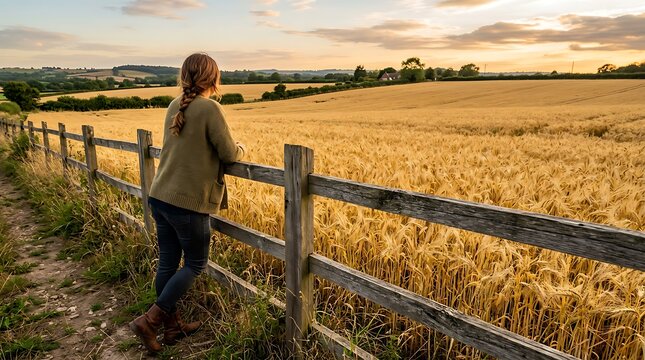 A woman leaning on a rustic wooden fence looking over a golden wheat field at sunset.