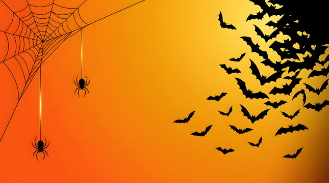 Halloween themed orange gradient with black spiderwebs and bats