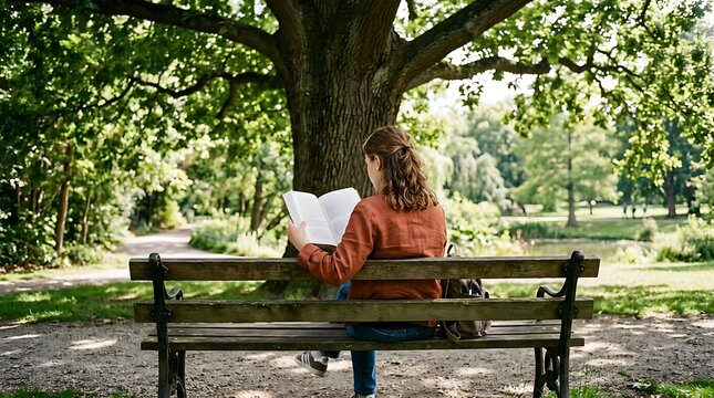 A woman reading a book on a wooden park bench under a large tree.
