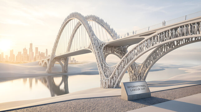 Multitude of white sculpted human figures form an intricate bridge structure during golden hour representing collective unity and labor day
