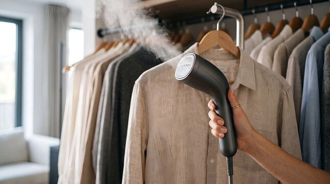 Premium Handheld Garment Steamer Emitting Gentle Vapor Near Hanging Linen Clothes