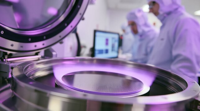 Semiconductor etching chamber with a silicon wafer and plasma glow in sharp focus and blurred technicians behind. Concept of chip fabrication.