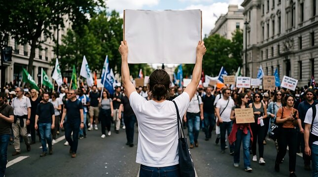 A young protester holds a blank sign during a crowded urban demonstration.