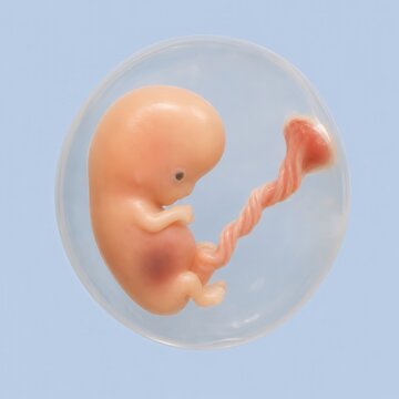 Human embryo with umbilical cord inside amniotic sac during early pregnancy