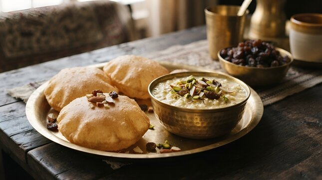 Navratri prasad thali with halwa, poori and chane