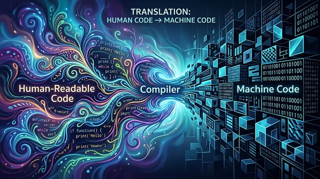 Abstract illustration of code compilation process from human readable code to machine code.