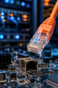 RJ45 Ethernet connector for high speed computer networking. Internet communication, LAN connection, server infrastructure and modern information technology concept