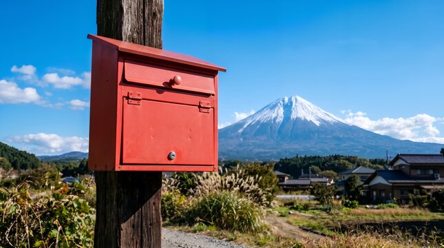 Red Mailbox in Rural Japan with Majestic Mount Fuji on a Clear Day.