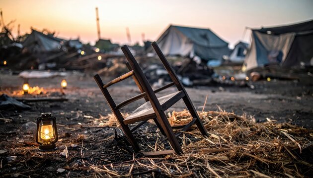 Abandoned Chair and Lantern in Refugee Camp at Dusk, Symbolizing Hardship and Resilience
