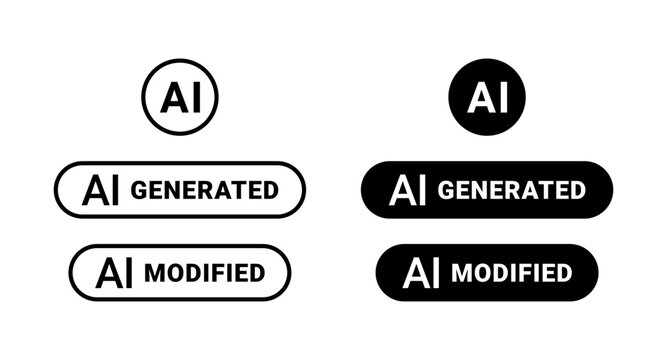 Artificial intelligence label icon set with AI generated and modified text badges for user interface design