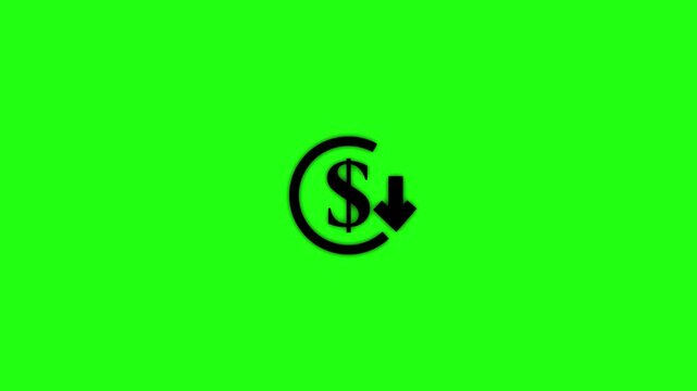 Abstract decrease icon on green background. Reduce cost concept with dollar and down arrow animation.