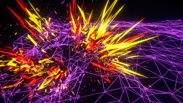 Neon abstract system meltdown with aggressive yellow data spikes destroying a purple network