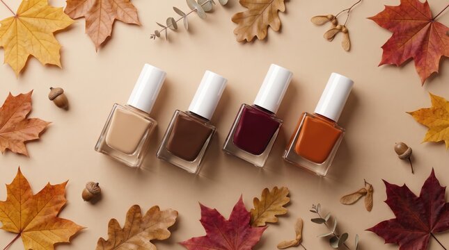 Collection of trendy autumn nail polish bottles surrounded by colorful fall leaves on a neutral background. Seasonal manicure, beauty trends and cosmetic flat lay