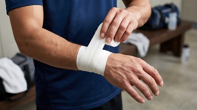 Athlete wrapping wrist with elastic bandage in locker room.