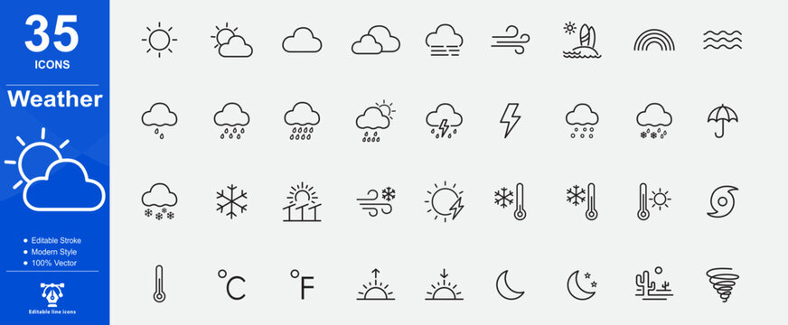 Line style weather web icons. Clouds, sun, moon, snowflakes, wind, sunny day, collection. Editable stroke. Vector illustration.