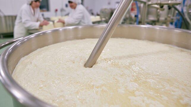 Tofu coagulation vat with curd forming in sharp focus and blurred food production workers behind. Concept of soy food processing.