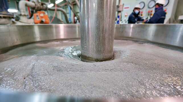 Gold ore leaching tank agitator churning slurry in sharp focus and blurred plant workers behind. Concept of precious metal processing.