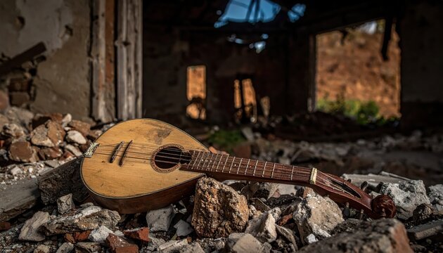 Abandoned Musical Instrument Lute in Ruined Building Debris, Symbolizing Lost Art and Decay