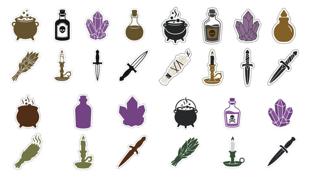 Witchcraft Potion Brewing and Occult Tools Vector Sticker Set