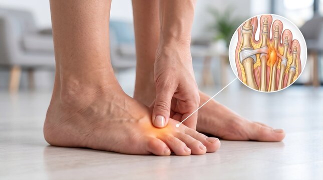 Woman Suffering From Morton's Neuroma Pain Between Toes With Foot Anatomy Overlay