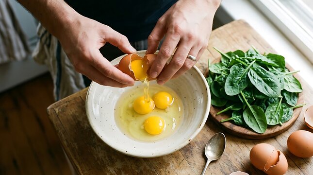Chef cracking fresh organic eggs into a bowl for cooking.