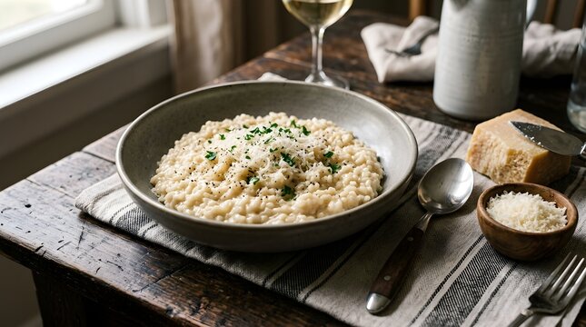 A bowl of creamy parmesan risotto garnished with fresh herbs on a rustic wooden table setting