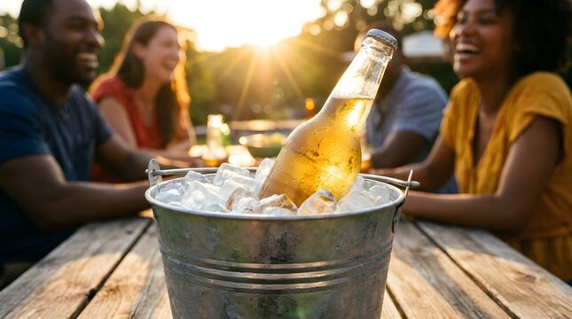 A bucket of ice with a cold beer bottle on a wooden table at an outdoor social gathering at sunset