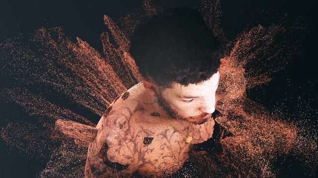 Digital concept of a man with tattoos dissolving into a cloud of particles. Abstract 3d animation showing disintegration and identity loss