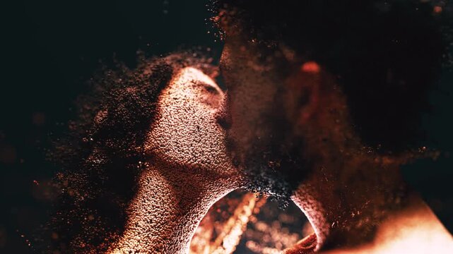 Passionate couple kissing, their forms dissolving into a cloud of glowing particles. Abstract concept of love, digital romance, and intimacy