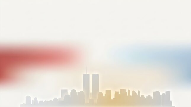 A soft, blurred silhouette of the new york city skyline with the twin towers in the background
