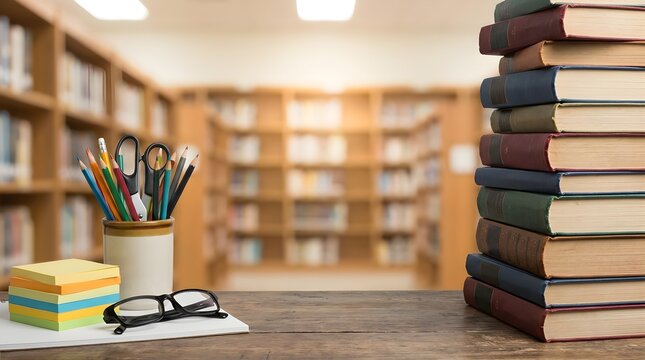 A stack of colorful books with a pencil holder and glasses on a wooden desk in library