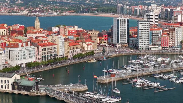 Aerial \iew of Downtown Gijon  - Marina and Boats, Cimavilla Peninsula, and Coastline Cityscape in Asturias, Northern Spain
