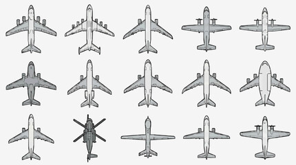 Fototapeta premium Industrial Top Down Technical Line Drawings of Various Military and Commercial Aircraft in Monochrome