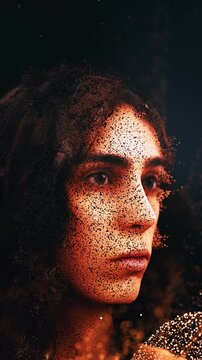 Profile of a young woman's face made of particles dissolving and disintegrating into a glowing cloud. A 3d animation about digital identity