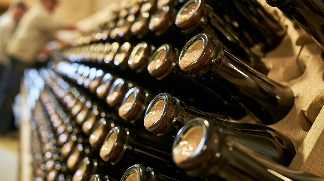 Champagne riddling rack with bottles and sediment in sharp focus and blurred cellar workers behind. Concept of sparkling wine production.
