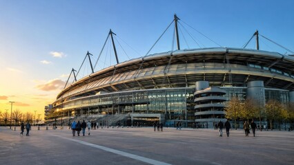 Obraz premium Modern circular stadium exterior at sunset with glass facade, steel cables, spiral ramps and people walking across a wide open plaza